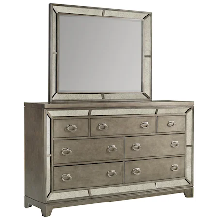 Dresser and Mirror Combo with Reverse-Beveled Antique Mirroring